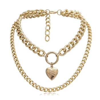 

Punk Metal Heart Choker Necklace For Women Big Thick Chain Round Hollow Multilayer Pendant Long Necklaces Jewelry