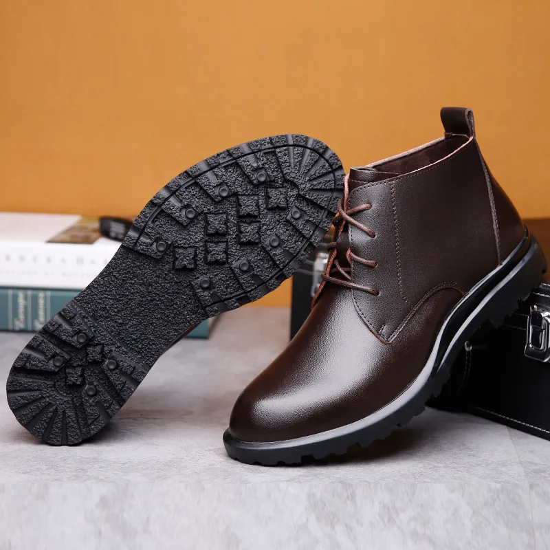 Warm Genuine Leather Men Boots Winter Big Size 38-49 Ankle Boots Men's Lace Up Comfortable Non-slip Male Fur Snow Boots H448