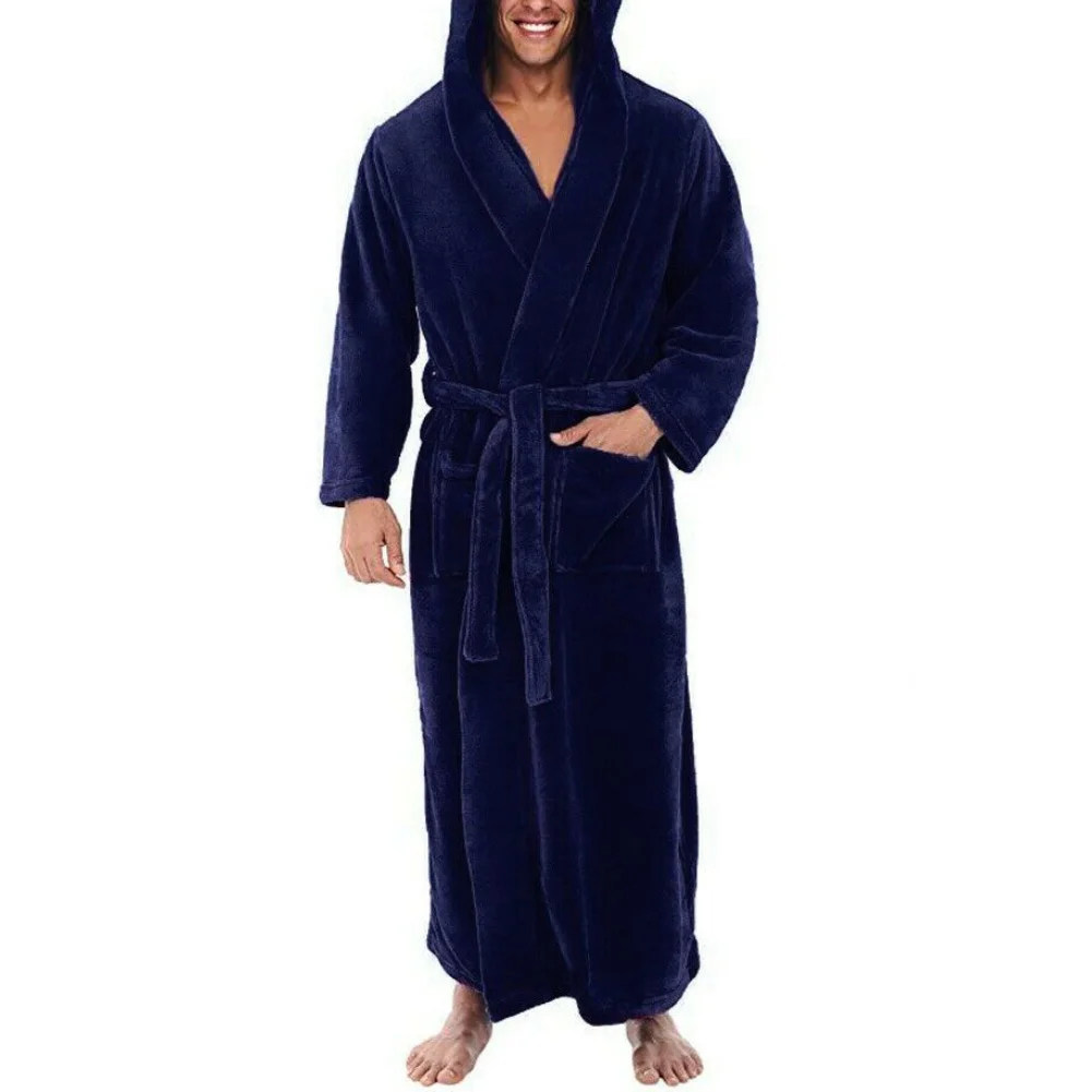 Men Soft Fleece Solid Color Pockets Long Bath Robe Home Gown Sleepwear robes for men white pajama pants