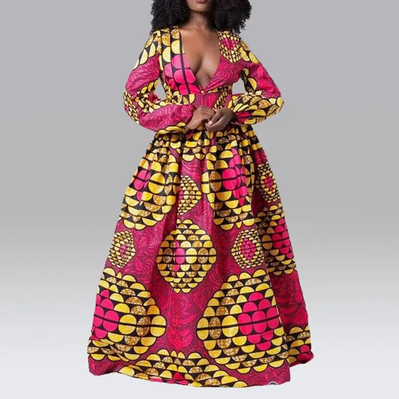

Sexy V Neck Printed African Vestidos Party Long Dress Women Maxi Dresses Elegant Long Sleeve Robe A-Line Ladies Autumn Vestido