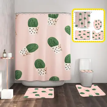 

Toilet And Bathroom Mat Fresh Cactus Printed Shower Curtain Floor Mat Four-piece Bathroom Mat Set Partition slip Absorb Curtain