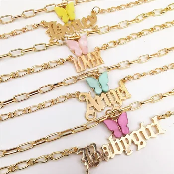 

2020 Fashion Girl Double Layer Acrylic Butterfly Necklace Letter Alphabet Angel Pendant Necklace for Women Choker Collier