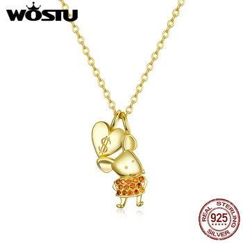 

WOSTU Authentic 925 Sterling Silver Lucky Mouse Rat & Dollars Necklace Gold Color Zircon Long Chain Link Jewelry Gift DAN164