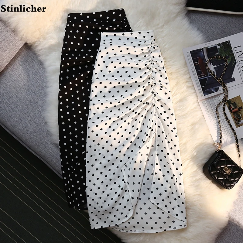 Autumn winter long skirts women elastic high waist drawstring split polka dot skirt ladies fashion Shirring bodycon pencil skirt