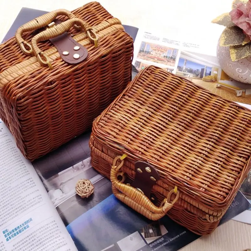 

Handmade Travel Picnic Bamboo Mini Rattan Suitcase Woven Fruit Cosmetic Food box