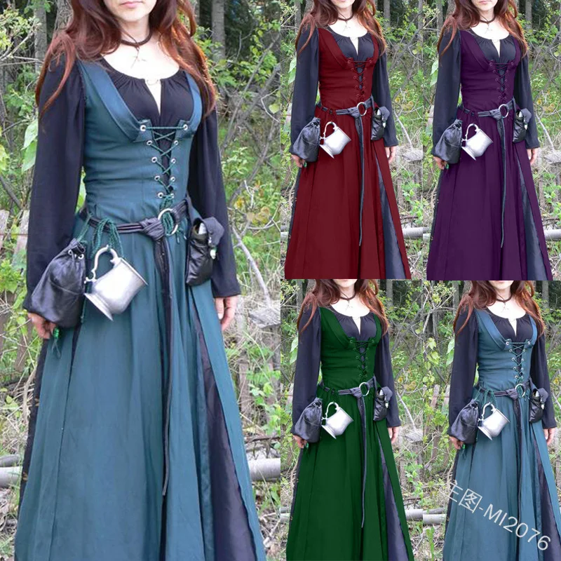 

Europe 18th Classic Vintage Retro Belted Medieval Dress Mediaeval Renaissance Long Sleeve Floor Length Lace Up Women Retro Tunic