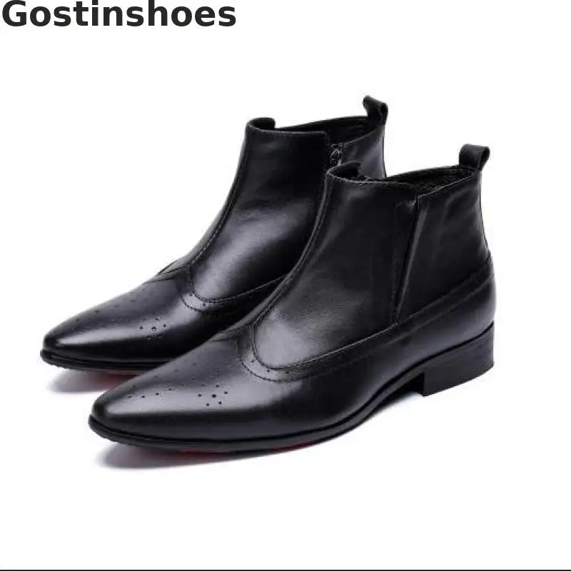 

Fashion Mens Dress Boots Cowhide Genuine Leather Black Men Short Boots Pointed Toe Wing Tip Carved Brogues Boots Side Zip