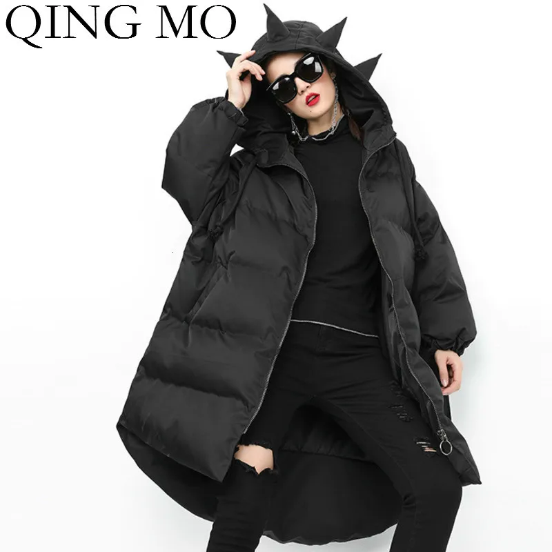 QING MO Женская Толстая теплая одежда с хлопковой подкладкой, зимняя необычная длинная одежда с хлопковой подкладкой, однотонная зеленая Черная куртка ZQY1918