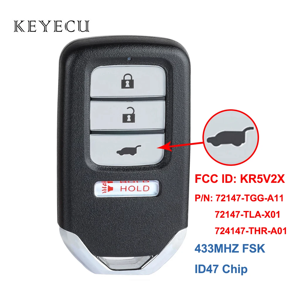 

Smart Remote Car Key Fob 4 Buttons 433MHz ID47 Chip for Honda Civic CR-V Odyssey Pilot KR5V2X 72147-TGG-A11 72147-TLA-X01