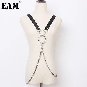 

[EAM] Pu Leather Metal Ring Chain Spliced Strap Belt Personality Women New Fashion Tide All-match Spring Autumn 2020 JZ150