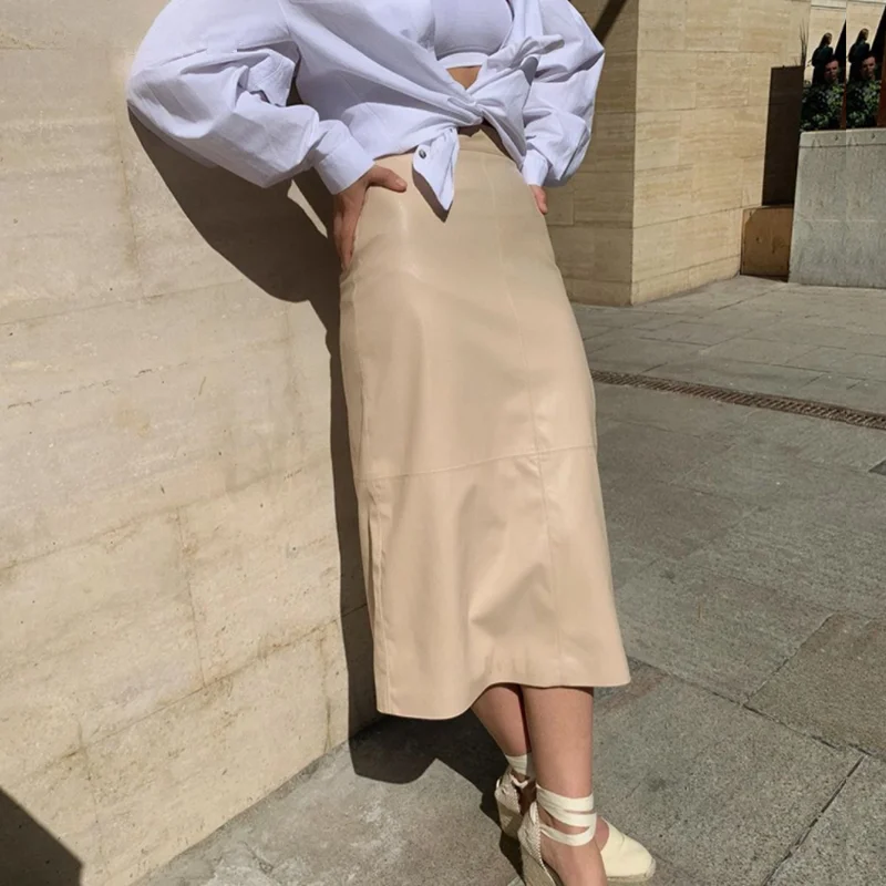 

Women's skirt 2020 autumn and winter women's pure color straight office slim skirt elegant high waist leather skirt fashion
