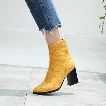 

EOEODOIT 2020 Spring Autumn Leather Boots Women Short Ankle High Square Heel Pointy Toe Side Zip Serpentine Leather Pumps Shoes