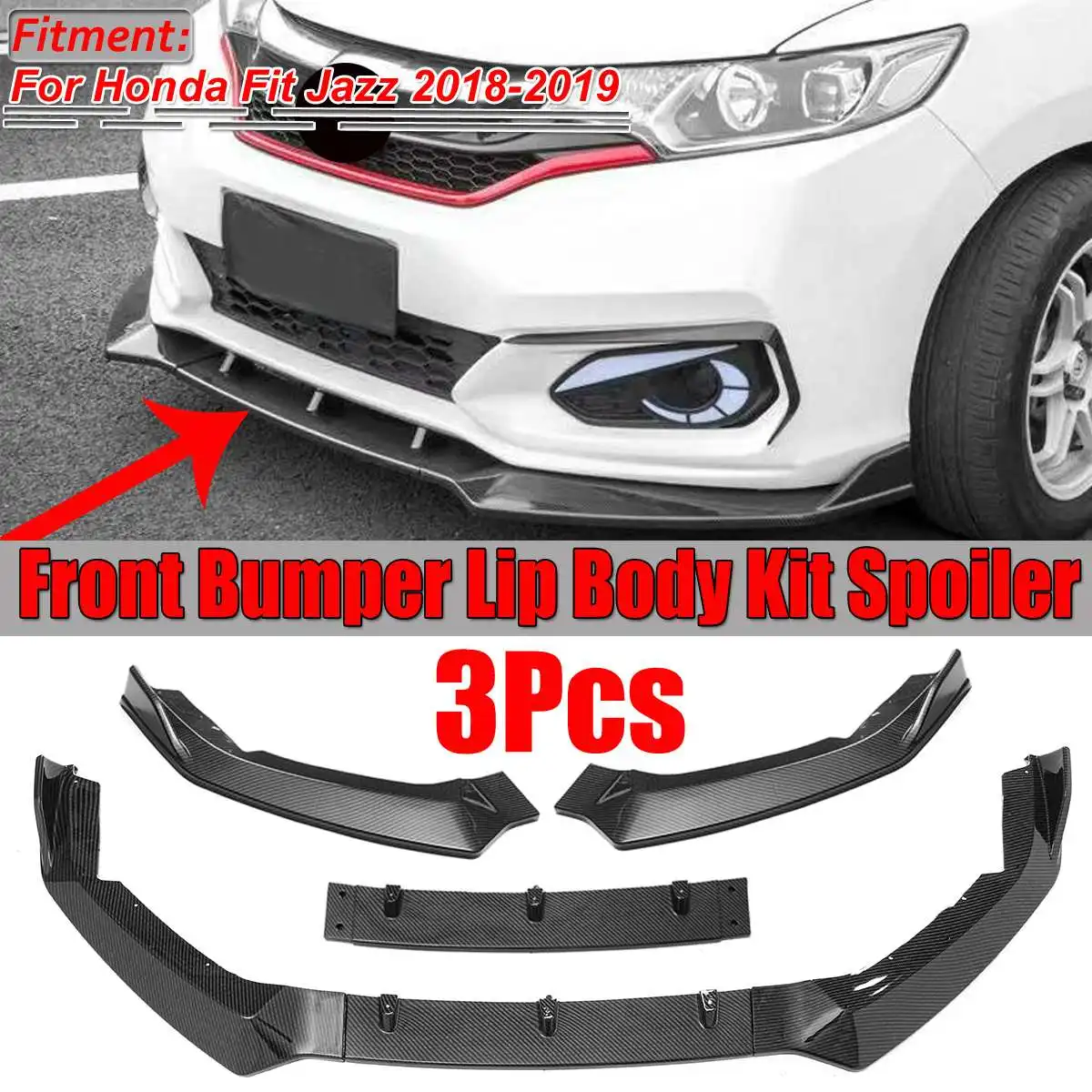 3pcs Matte Black Front Bumper Lip Splitter Body Kit For 2014-2017 Honda Fit