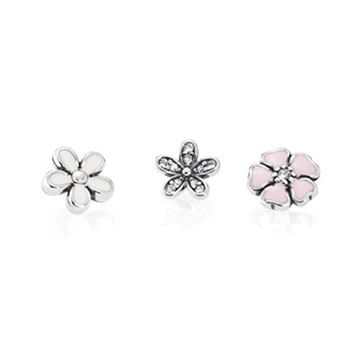 

2019 100% S925 Sterling Silver 1: 1 Floating Box Small Decoration White Daisy and Pink Cherry Blossom Charm Vintage Jewelry