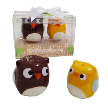 

Wholesale 100pcs=50pairs/lot Owl Always Love You Ceramic Salt and Pepper Shakers Baby Shower Party Supplies Wedding Return Gifts