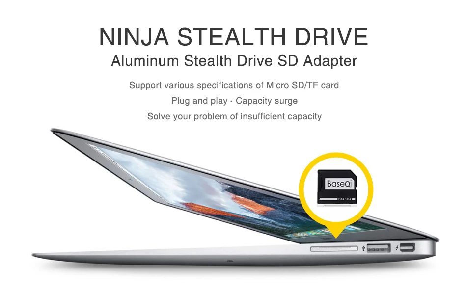 BaseQi NinjaDrive Micro SD/TF карта адаптер расширения памяти SD кард-ридер для MacBook Air 1" и MacBook Pro 13/15(Без Сетчатки