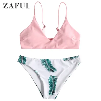 

ZAFUL Women Padded Bra And Floral Leaf Print Bottoms Spaghetti Straps Tropical Bikini Sets Padded Swimwear Summer Bathing Suits