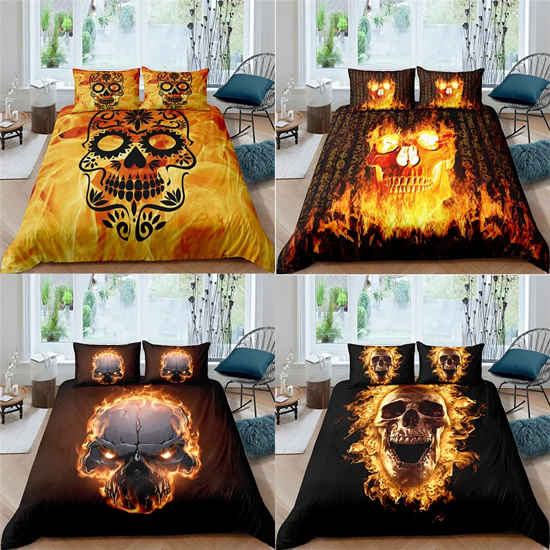 

3D Printed Flame Skull Bedding Set Queen Size Duvet Cover Comforter Bed Cover Set Soft Quilt set Pillowcases King Size