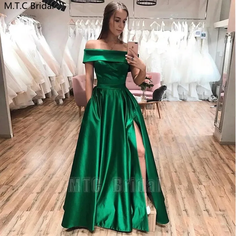 Elegante vestido largo verde De graduación para ropa De con bolsillos, hombros línea A, talla grande|Vestidos de - AliExpress