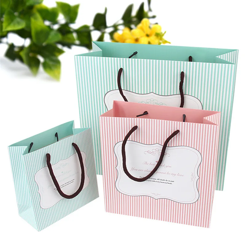 

5pc High Quality Kraft Paper Gift Bag Pink green stripes with Handle Shopping Bag Clothing Store Cosmetics Jewelry Packaging Bag