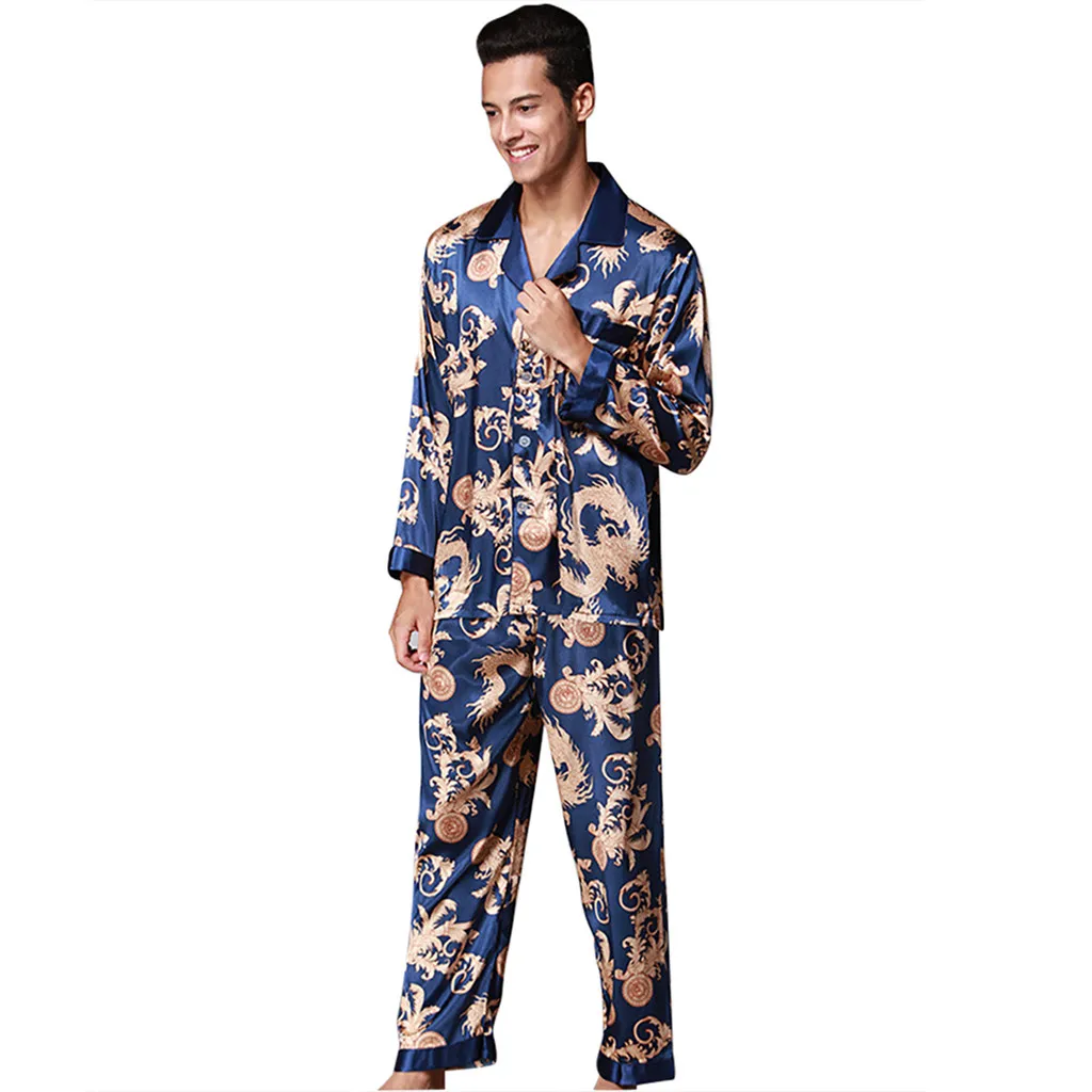 JAYCOSIN Мужская одежда для сна осень зима принт мужские шелковые пижамы имитация мужской Пижамный костюм мужской полиэстер бесшовная Сексуальная Ночная одежда - Цвет: Синий