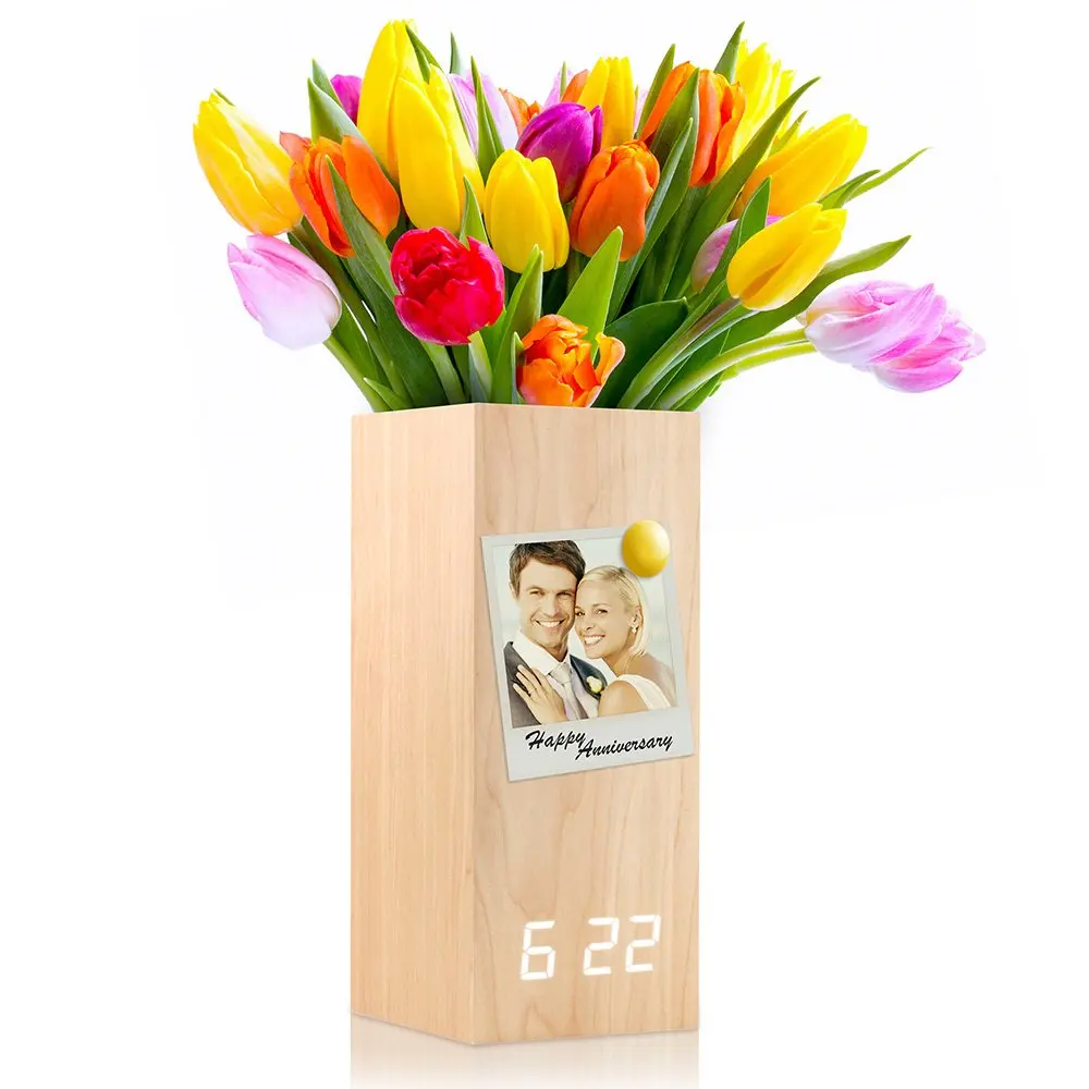 

RASABOX - Wooden Alarm Clock, Magnetic Wood Alarm Clock Voice Control Electric Smart LED Travel Digital Desk Clock Modern Vase