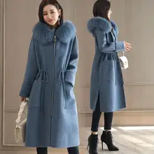 Женское длинное шерстяное пальто, женская тонкая куртка с карманами и меховым воротником, синее кашемировое пальто, модное тонкое Элегантное длинное пальто