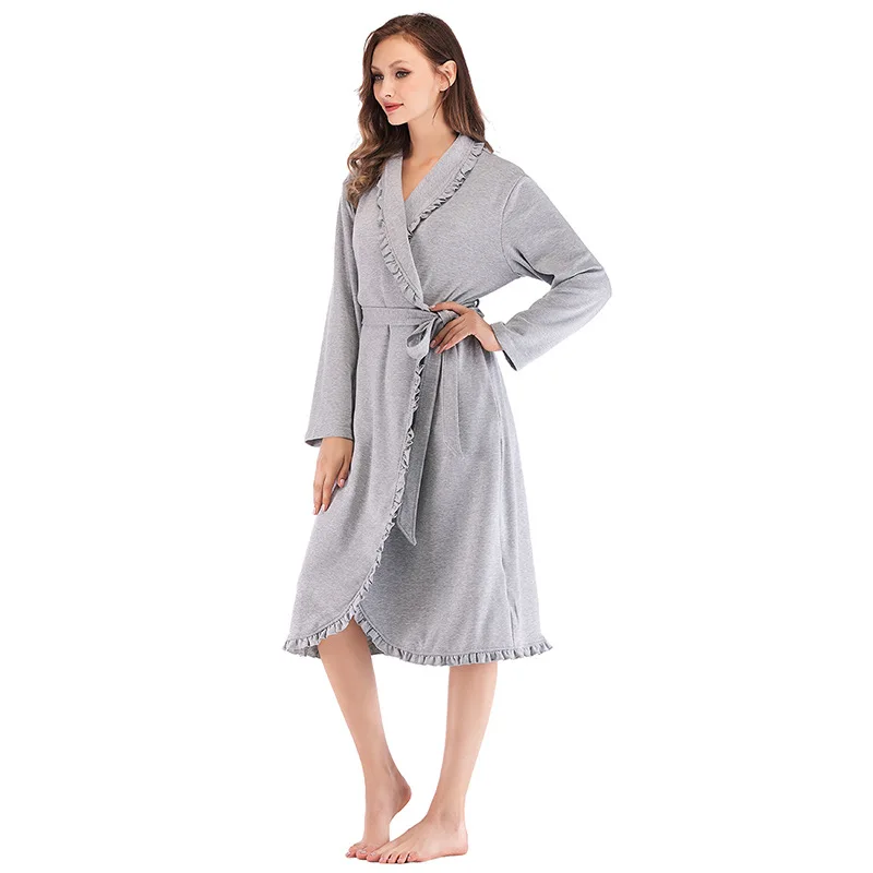 

Women Loose Keep Warm Sleeping Robe 2019 Autumn Winter New Solid Simple Household Clothes Thicken Lotus Leaf Edge Sleeping Robe