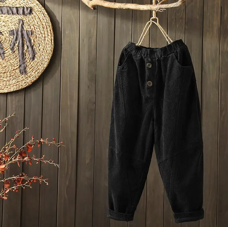 Women Corduroy Pants vintage High Waist Harem Pants Autumn And Winter New Casual Loose Pants women - Color: Black