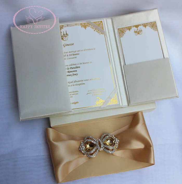 HI2003-130 Customzied Elegant Silk  Wedding Invitation in Beige with Gold Foil Printing & Champagne Gold Ribbon & Gold Grown Booch Made in China More Colors Available