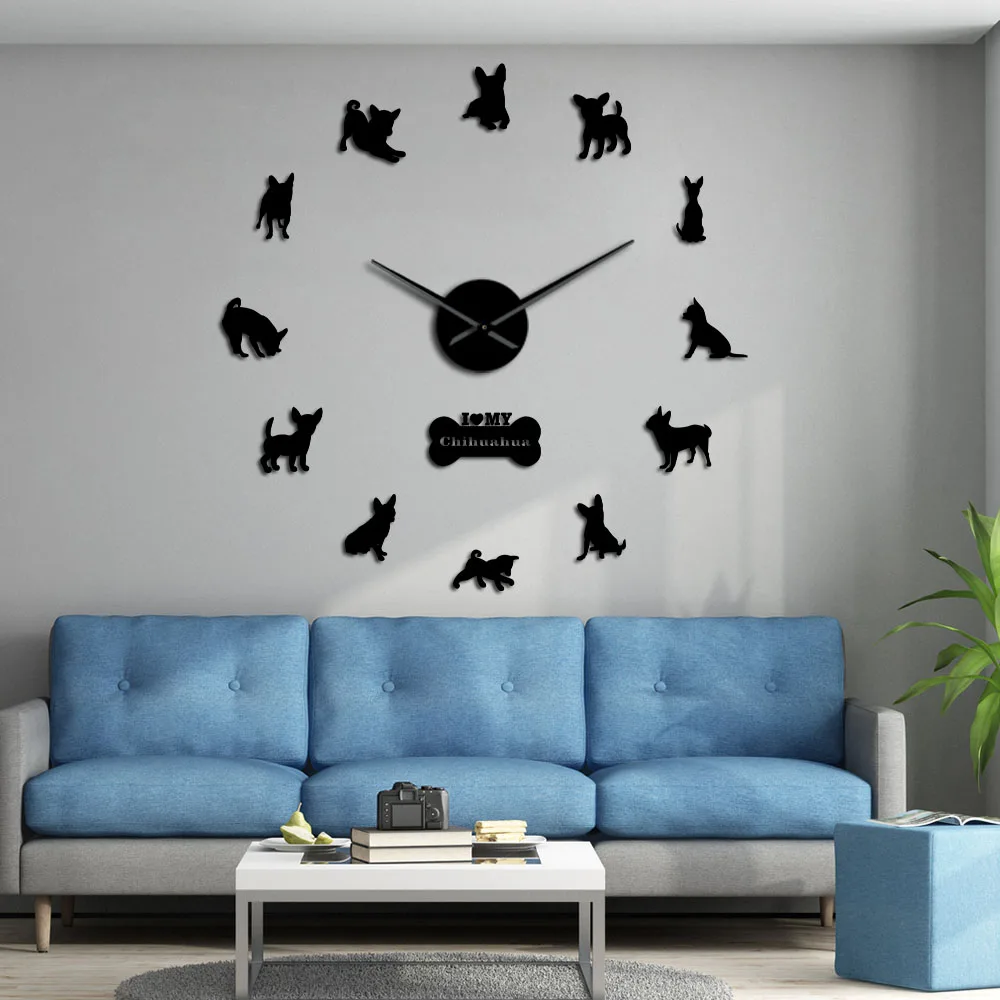 

Mexico Dog Breed Chihuahua DIY 3D Acrylic Wall Clock With Big Clock Hands Mirror Effect Numbers Sticker Dog Pet Giant Wall Watch