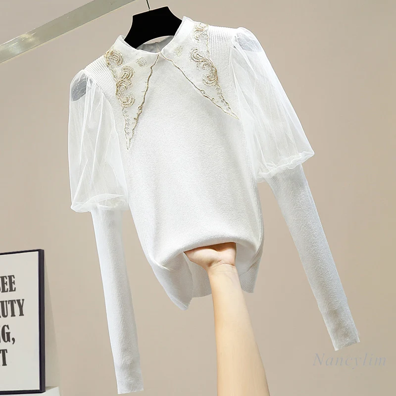 Vintage Puff Sleeve Mesh Stitching Sequin