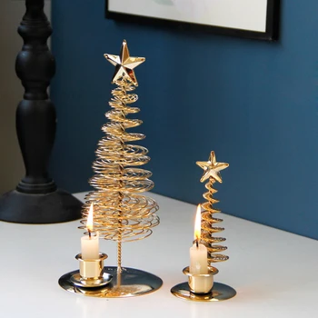 

Europe Decorative Candle Holders Golden Metal Luxury Christmas Tree Pine Tree Candlestick Desktop Home Decor Christmas Gift