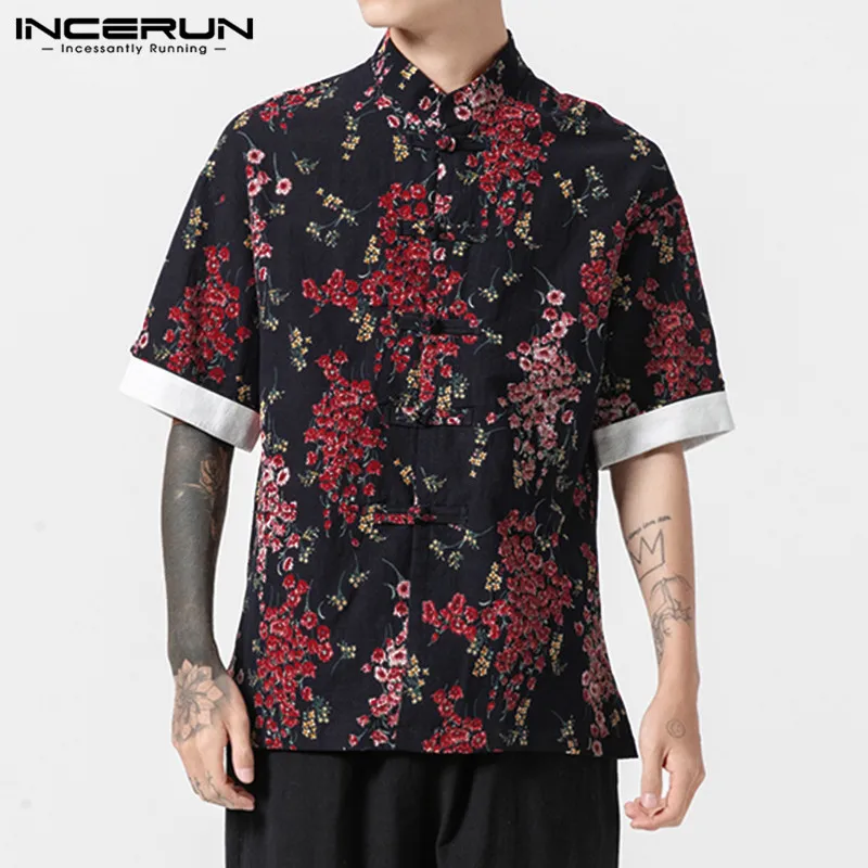 INCERUN Chinese Style Men Shirt Floral Print Short Sleeve Stand Collar Tops Retro Streetwear Casual Brand Shirts Men Camisa 2020 INCERUN Chinese Style Men Shirt Floral Print Short Sleeve Stand Collar Tops Retro Streetwear Casual Brand Shirts Men Camisa 2020
