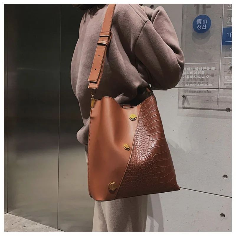 US $22.49 Ansloth Panelled Handbag Women Scrub Shoulder Bag Lady Rivet Crossbody Bag Crocodile Bucket Bag Female Handbag And Purse Hps770