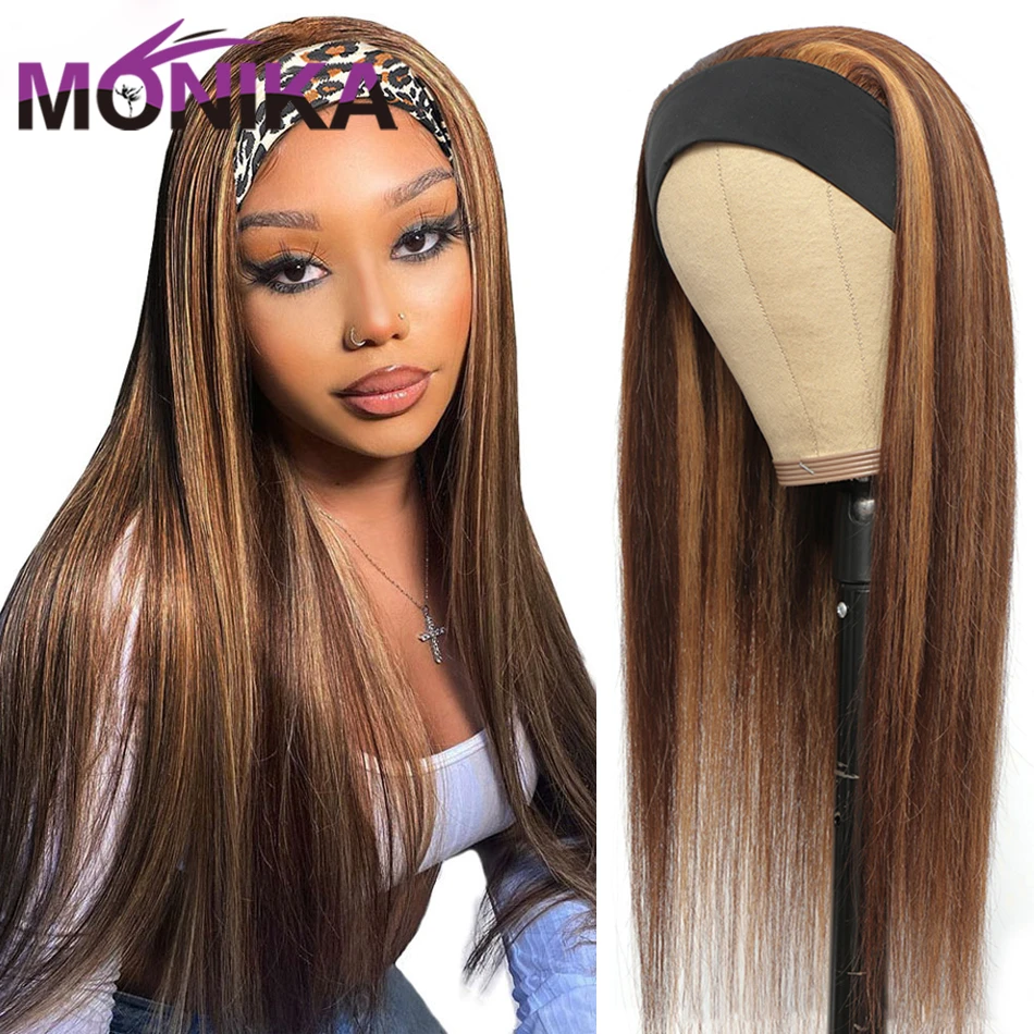 4 27 Highlight Headband Scarf  Wig Brazilian Half Gluless  Human Hai Wig Burgundy Blonde Omber Remy Bone Straight Hair Wigs