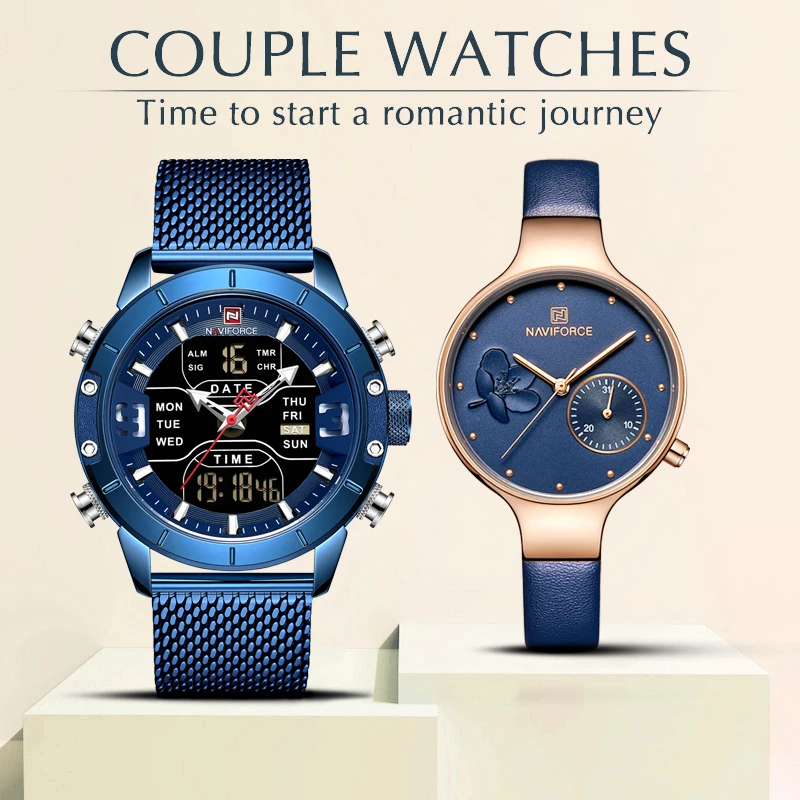 

NAVIFORCE 2PCS/Set Couple Wristwatches Men Dual Display Watches Women Genuine Leather Strap Quartz Watch Lady and Man WristWatch