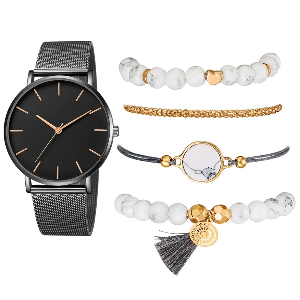 Новые Модные Элегантные женские часы, 5 шт. в наборе, браслет, кварцевый механизм, простые, водонепроницаемые, розовое золото, сетка, женские часы, Relogio Feminino