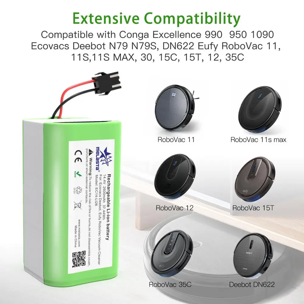 Bateria para Conga Melasta Li-ion Excelência 990 1090 Ecovacs Deebot N79s N79 Dn622 Eufy Robovac 11 11s 12 35c X500 14.4v 2600mah - Image 2