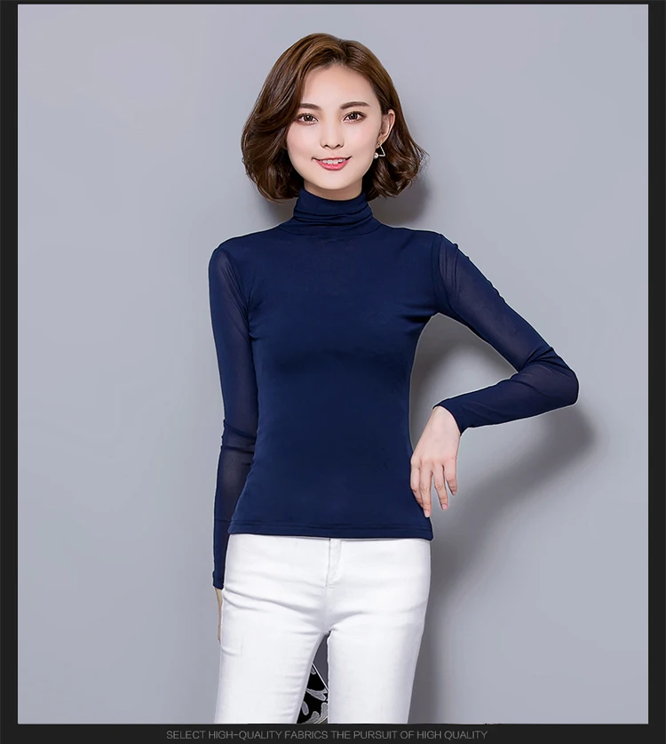 Autumn Winter New Casual Long Sleeve Women Tops Sexy Mesh Blouse Turtleneck Elasticity Black Shirt Slim Tight Shirts 7536 50 satin blouse