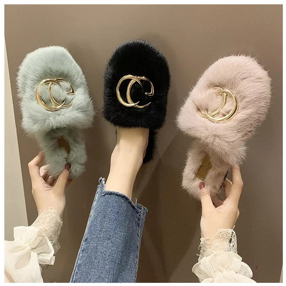 

Female Fashion Outside Wearing Half Drag Womens Slippers Baotou Flat Heel Woman Shose for Autumn Winter Furry Women's Shoes