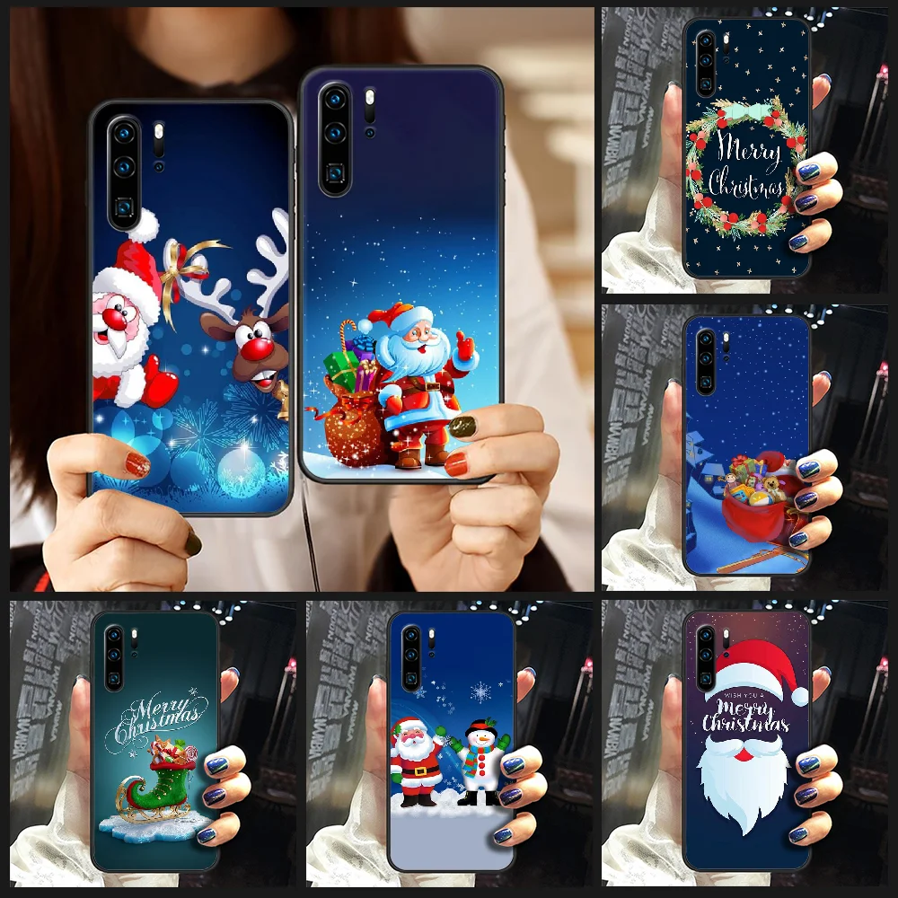 

Cartoon Merry Christmas Santa Phone Case Cover Hull For Huawei P8 P9 P10 P20 P30 P40 Lite Pro Plus smart Z 2019 black back 3D