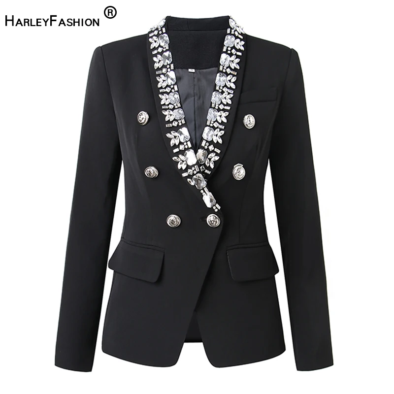

HarleyFashion, европейский стиль, дизайн, роскошные бриллианты, воротник, элегантный, качественный, черный, высокая улица, все-mtach, Bodycon, Женский блейзер