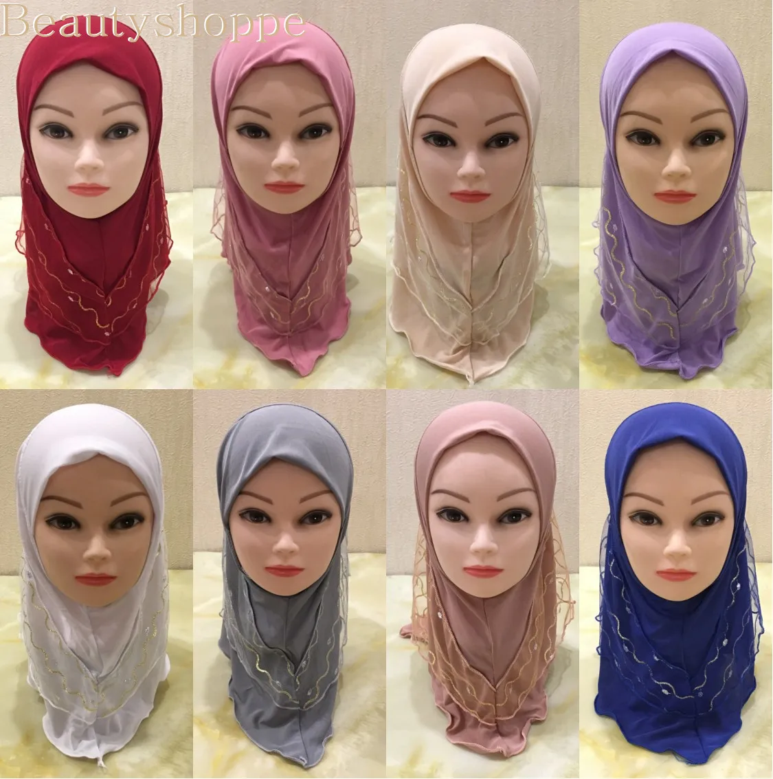 Kids Girls Muslim Silk Caps Hijab Hot Drilling Islamic Scarf Shawls Headwear 