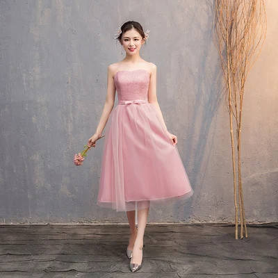 Vestido розовые Бордовые Платья для подружки невесты, элегантные, длиной до колен, простые, выпускные, для официального приема, weding, вечерние платья, сексуальное платье - Цвет: B midi red bean pink