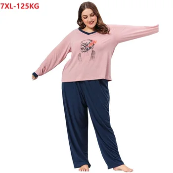 

summer women long sleeve sleepwear plus size 7XL 6XL home set nightdress loose tops tees and pants oversize sleepwear flower 54