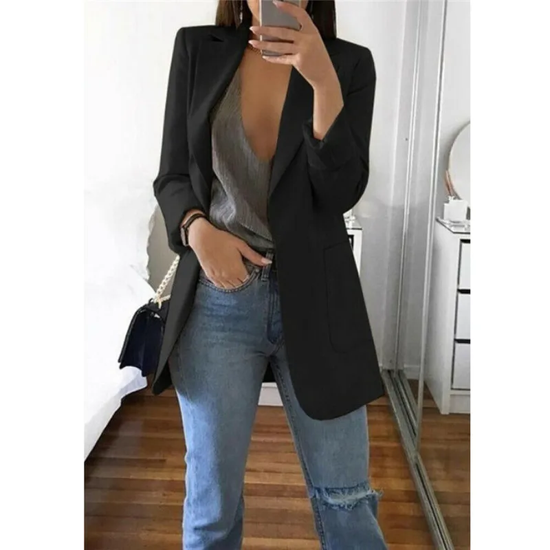 Fashion Slim Blazers Women Autumn Suit Jacket Female Work Office Lady Suit Black with Pockets Business Notched Blazer Coat New