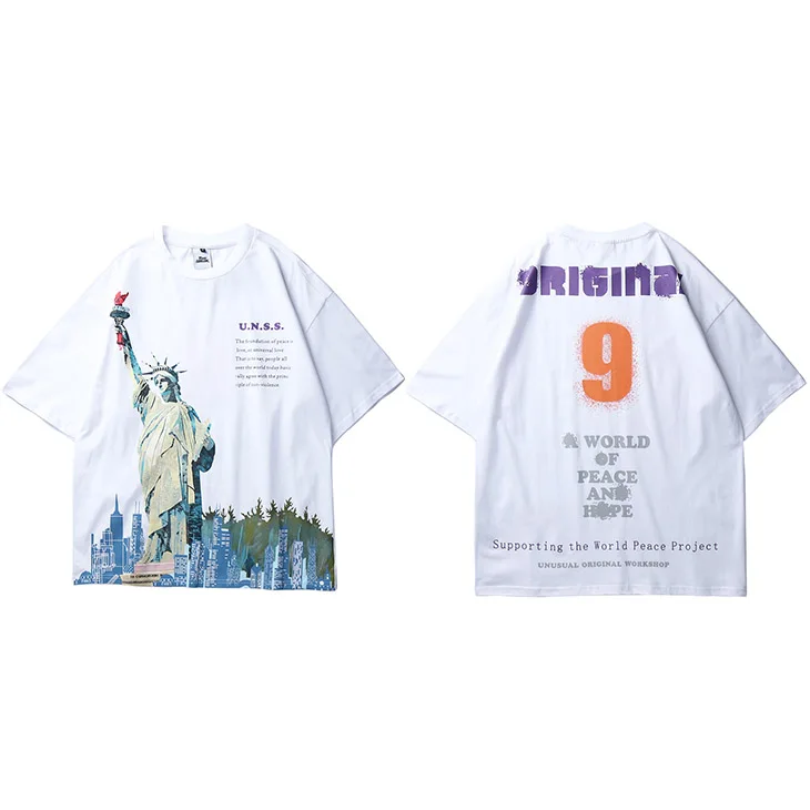 Уличная Мужская футболка в стиле хип-хоп с принтом статуи Свободы, хлопковая Повседневная футболка с коротким рукавом, модные топы, футболки - Цвет: A10T260 White