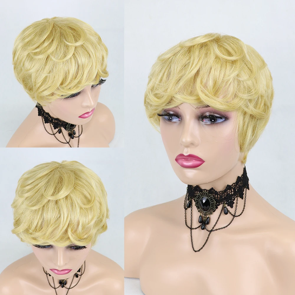 Perucas de Cabelo Brasileiro para Preto Humano Curto Pixie Corte Reto Remy Cabelo Máquina Feita Destaque Cor Barato Glueless Peruca 58 High Quality Apliques e perucas