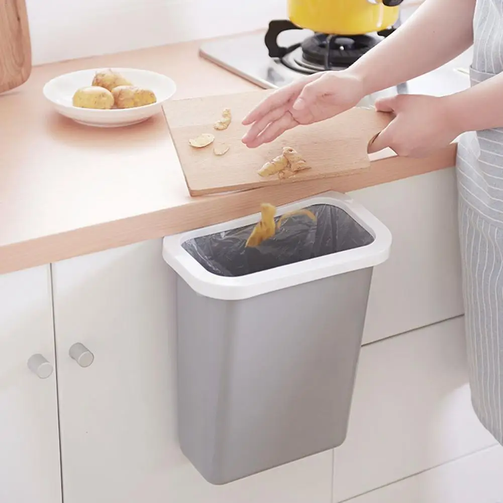 

Garbage Bag Kitchen Cabinet Door Hanging Trash Can with Lid Wall-mounted Waste Baskets Push-top Storage Rack Rubbish Container